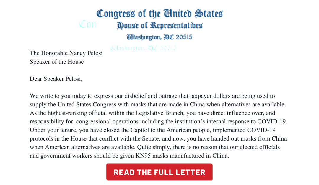 Letter to Speaker Pelosi – House Issuing Masks Manufactured in China